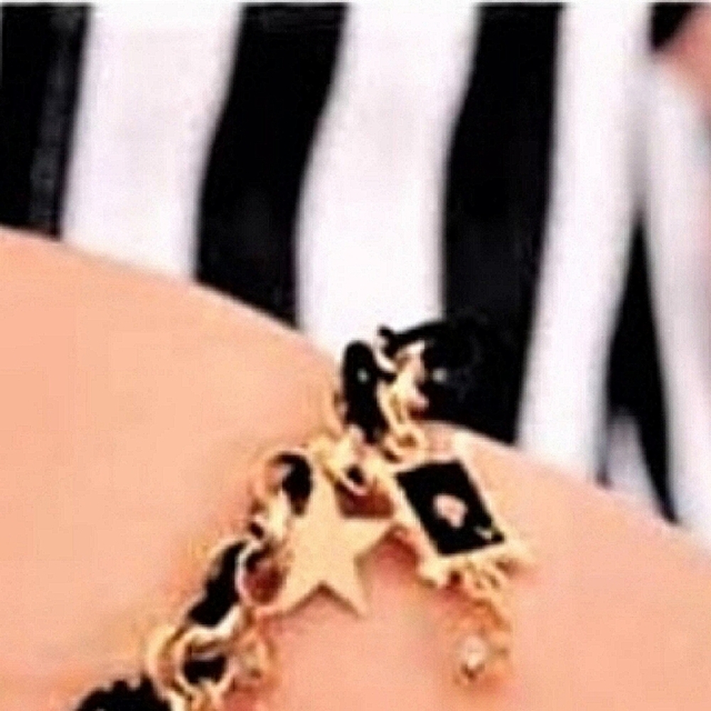 Chain Bracelet Ace of Spade Charm  Black Leather Simulated Diamonds Gold Stars - Picture 4 of 7